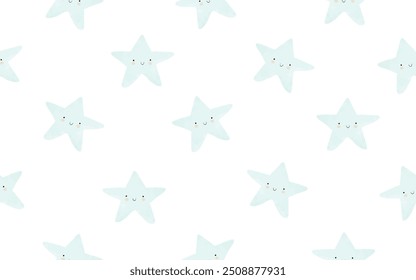 Nette Kinderzimmer nahtloses Vektormuster mit Happy Stars. Unregelmäßiger handgezeichneter einfacher Sternenhimmel-Druck. Pastellblaue kleine Sterne einzeln auf weißem Hintergrund.Schöner sternförmiger Druck ideal für Baby Boy.RGB.