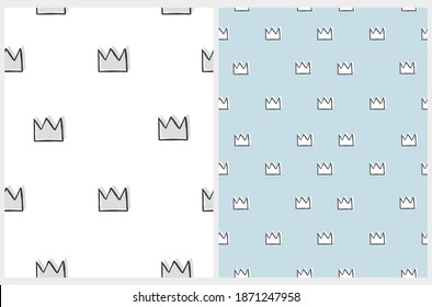 Cute Nursery Seamless Vector Patterns with Irregular Hand Drawn Crowns Isoleted on a Pastel Blue and White Background. Simple Repeatable Print ideal for Fabric, Wrapping Paper, Baby Shower Decoration.