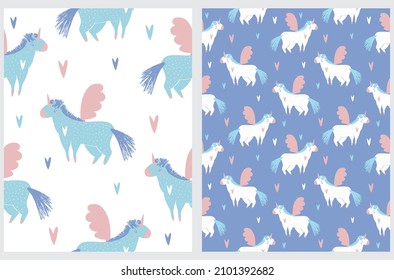 Cute Nursery Seamless Vector Patterns with Funny Hand Drawn Unicorn with Pink Wings and Blue Tail Isolated on a White and Violet Background. Magic Party Repeatable Print for Fabric, Wrapping Paper.