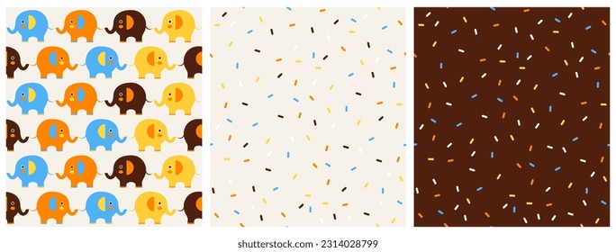 Cute Nursery Seamless Vector Patterns with Funny Elephants and Confetti Rain. Blue, Yellow, Brown and Yellow Elephants on a Beige Background. Colorful Spots on a Beige and Brown Backdrop. RGB Colors.