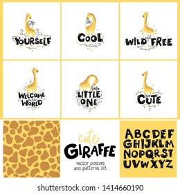 Cute nursery set, card with giraffe in simple hand-drawing cartoon style. Colorful Vector Illustration. Lettering