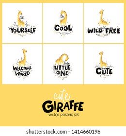 Cute nursery set, card with giraffe in simple hand-drawing cartoon style. Colorful Vector Illustration. Lettering