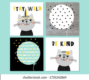 Cute nursery set with kitten and  phrases - be kind, be brave. Poster prints for children.  Vector illustration for invitations, greeting cards, posters, t-shirts. Cute kid scandinavian design.