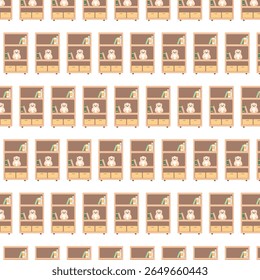 Cute Nursery Shelf Illustration with Bear and Toys. Playroom Shelf with Books. Seamless Pattern. Vector Flat Illustrations