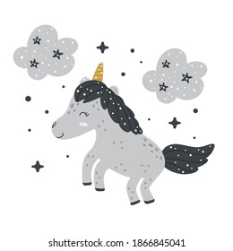 Cute nursery unicorn clipart with clouds and abstract dots around. Monochrome hand drawn Scandinavian style vector illustration.
