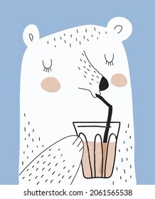 Cute Nursery Vector Art with Big Happy Bear Drinking Milkshake. Woodland Party Print ideal for Card, Wall Art, Poster. Funny Polar Bear with Glass of Drink Isolated on a Pastel Blue Background. 