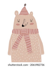 Cute Nursery Vector Art With Big Happy Grizzly Bear In A Woolen Hat. Woodland Party Print Ideal For Card, Wall Art, Poster. Funny Brown Bear Isolated On A White Background. Winter Time Print.