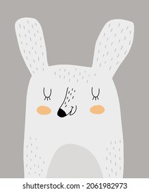 Cute Nursery Vector Art with Big Happy Bunny. Easter Party Print ideal for Card, Wall Art, Poster. Funny White Rabbit Isolated on a Gray Background. 