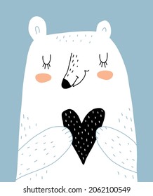 Cute Nursery Vector Art with Big Happy Polar Bear Holding Big Heart. Woodland Party Print ideal for Card, Wall Art, Poster. Funny White Bear in Love Isolated on a Blue Background. Romantic Print.