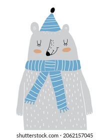 Cute Nursery Vector Art with Big Happy Polar Bear in a Blue Woolen Hat. Woodland Party Print ideal for Card, Wall Art, Poster. Funny Gray Bear Isolated on a White Background. Winter Time Print.