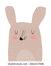 Cute Nursery Vector Art with Big Happy Bunny. Easter Party Print ideal for Card, Wall Art, Poster. Funny Brown Rabbit Isolated on a White Background. 