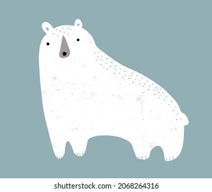 Cute Nursery Vector Art with Big Happy Polar Bear. Woodland Party Print ideal for Card, Wall Art, Poster, Kids Room Decoration. Funny Dreamy White Bear Isolated on a Light Dusty Blue Background. 