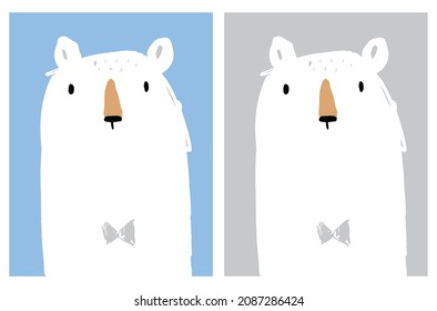 Cute Nursery Vector Art with Big Happy Polar Bears. Woodland Party Print ideal for Card, Wall Art, Poster. Funny White Bear Isolated on a Pastel Blue and Light Gray Background. 