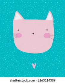 Cute Nursery Vector Art with Big Pastel Pink Cat and Little Heart Isolated on a Turquoise Blue Dotted Background. Lovely Illustration ideal for Wall Art, Card, Poster, Cat Lovers.