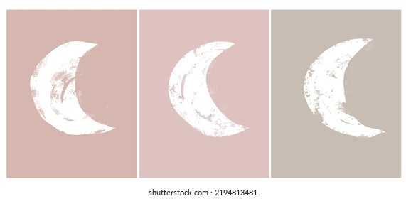 Cute Nursery Vector Art with Crayon Drawing Style Moon. Hand Drawn Big White Crescent Moon on a Light Pink, Blush and Beige Background. Infantile Style Boho Print ideal for Card, Wall Art, Poster.