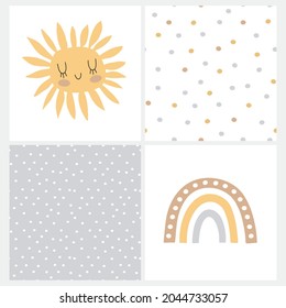 Arte vectorial de guardería y patrones de destreza puntiaguda. Bonitas pinturas con un sol de ensueño y un arco iris simple aislado en un fondo blanco. Puntos de Polka de cepillo irregular en diseños de color blanco y gris claro.