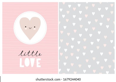 Cute Nursery Vector Art. Funny Smiling Heart In A White Round Frame Isolated On A Striped Pink Background. Little Love.Baby Shower Vector Illustration And Starry Seamless Pattern. Kawaii Style Design.