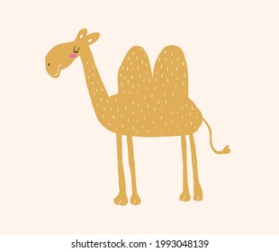 Cute Nursery Vector Art with Funny Smiling Camel on a Light Beige Background. Brown Camel with Two Big Humps. Simple Print ideal for Wall Art, Poster, Card, Safari Party Decoration.