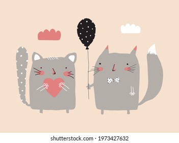 Cute Nursery Vector Art with Gray Cat and Fox on a Light Blush Pink Background. Little Cat Holding Red Heart and Funny Fox with Black Dotted Balloon. Simple Print ideal for Wall Art, Poster, Card.