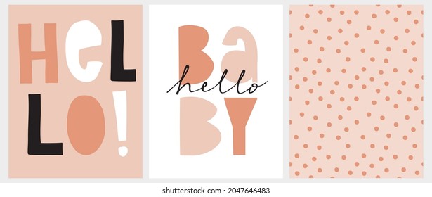 El arte vector de guardería con Hello manuscrito y Hello Baby es ideal para la decoración de tarjetas, paredes de arte, afiches y duchas para bebés. Gracioso Resumen Patrón sin Marea con Puntos Irregulares en un Fondo Rosa Negro.