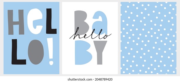 Cute Nursery Vector Art with Handwritten Hello and Hello Baby  ideal for Card, Wall Art, Poster, Baby Shower Decoration. Funny Abstract Seamless Pattern with Irregular Dots on a Light Blue Background.