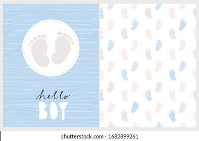 Cute Nursery Vector Art. Light Gray Little Baby Feet in a White Round Frame Isolated on a Striped Pastel Blue Background. Hello Boy. Baby Shower Vector Illustration and Lovely Seamless Pattern. 