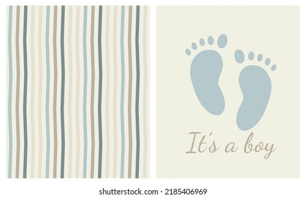 Cute Nursery Vector Art. Light Blue Little Baby Foot Isolated. it's a boy. Baby Shower Vector Illustration and Lovely Seamless Pattern with Stripe