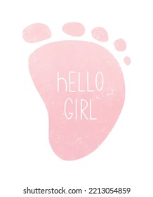 Cute Nursery Vector Art. Light Pink Little Baby Feet and White Handwritten "Hello Girl" Isolated on a White Background. Baby Shower Vector Illustration ideal for Card, invitation, Greetings, Poster.