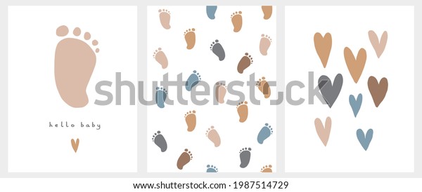 Cute Nursery Vector Art. Light Brown Little Baby\
Foot Isolated on a White Background. Hello Baby. Baby Shower Vector\
Illustration and Lovely Seamless Pattern with Little Baby Feet.\
Print with Hearts.