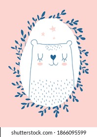 Cute Nursery Vector Art with  Lovely White Polar Bear in a Floral Frame. Simple Hand Drawn Vector Illustration with Big Bear and Floral Wreath on a Pastel Pink Background. Dreamy Teddy Bear Print.