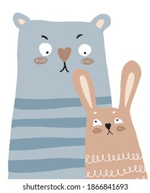 Cute Nursery Vector Art with  Lovely Big Bear nad Cute Little Bunny. Simple Hand Drawn Vector Illustration with Gray Bear and Fluffy Brown Rabbit on a White Background.Woodland Party Print.
