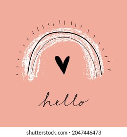 Cute Nursery Vector Art with Rainbow and Heart made of Crayon Scribbles. Funny Abstract White and Black Rainbow on a Blush Pink Background ideal for Card, Wall Art, Poster, Kids Room Decoration.