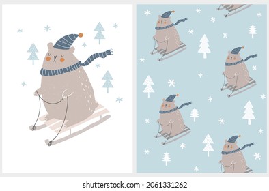 Cute Nursery Vector Art and Seamless Pattern with Big Happy Bear Sledding Among Trees. Woodland Party Print ideal for Card, Fabric. Funny Bear in a Winter Forest on a White and Light Blue Background. 