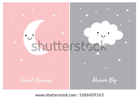Cute Nursery Vector Art Set. White Smiling Moon and Fluffy Cloud on a Gray and Pastel Pink Background. Sweet Dreams. Dream Big. Lovely Poster for Baby Girl. Abstract Sky With Stars, Moon and Cloud.