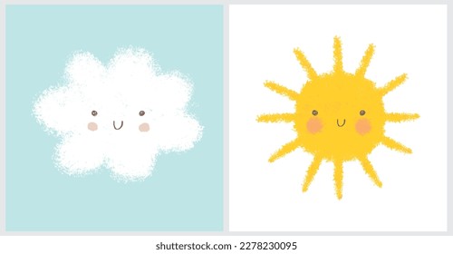 Cute Nursery Vector Art with Smiling Sun and Fluffy Cloud  Isolated on a White and Light Blue Background. Baby Shower Print ideal for Card, Wall Art, Poster, Kids Room Decoration. Happy Sun and Cloud.