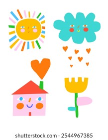 Cute Nursery Vector Art. Smiling Sun with Colorful Rays. Blue Cloud with Rain of Hearts. Yellow Tulip Flower on a White Background. Sweet Pink House with Big Heart. Lovely Print for Kids. RGB.