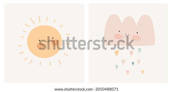 Cute Nursery Vector Art with Smiling Sun,
Fluffy Cloud and Colorful Rain of Hearts Isolated on a Light Beige
Background. Baby Shower Print ideal for Card, Wall Art, Poster,
Kids Room Decoration.