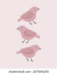 Cute Nursery Vector Art with Three Happy Birds. Woodland Party Print ideal for Card, Wall Art, Poster, Kids Room Decoration. Funny Pink Little Sparrows Isolated on a Light Pink Background.