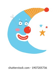 Cute Nursery Vector Illustration with Blue New Moon and Stars Isolated on a White Background. Funny Moon Clown with Big Red Nose. Simple Hand Drawn Print ideal for Kids Room Decoration. 