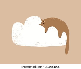 Cute Nursery Vector Illustration with Brown Cat Sleeping on a White Fluffy Cloud. Dreamy Kitty and a Cloud on a Light Brown Background. Lovely Hand Drawn Print ideal for Kids' Room Decoration.
