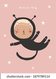 Cute Nursery Vector Illustration with Flying Kitty on a Starry Sky. Funny Astronaut Cat Isolated on a Dusty Pink Background. Space Party Printable Decoration ideal for Card, Wall Art, Invitation.