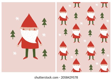Cute Nursery Vector Illustration with Funny Dwarfs in the Forest. Little Gnomes in Red Clothes Standing Among Green Trees Isoleted on a Light Dusty Pink Background. Lovely Fairy-tale Print.