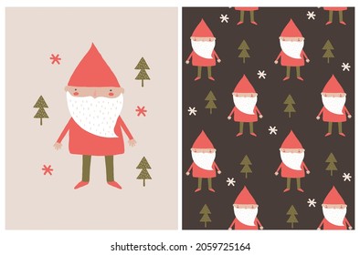 Cute Nursery Vector Illustration with Funny Dwarfs in the Forest. Little Gnomes in Red Clothes Standing Among Green Trees Isoleted on a Light Dusty Pink and Brown Background. Lovely Fairy-tale Print.