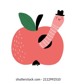 Cute Nursery Vector Illustration with Funny Pink Worm in a Red Apple and isolated on a White Background. Kawaii Style Print ideal for Card, Wall Art, Poster, Kids Room Decoration.