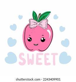 Cute Nursery Vector Illustration with Funny Pink Apple sweet girl and lettering isolated on a White Background. Kawaii Style Print ideal for Card, Wall Art, Poster, Kids Room Decoration.