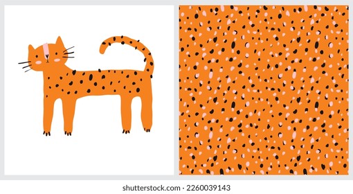 Cute Nursery Vector Illustration with Lovely Tiger isolated on a White Background. Leopard Skin Seamless Pattern. Infantile Drawing Style Cartoon ideal for Wall Art, Poster. Safari Party Print.