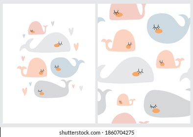 Cute Nursery Vector Illustration and Seamless Pattern with Lovely Whales. Pink, Gray and Blue Whales Isolated on a White Background. Simple Ocean Life Print ideal for Card, Fabric, Baby Shower Decor.