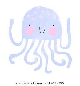 Cute Nursery Vector Illustration with Smiling Octopus. Blue Happy Octopussy Isolated on a White Background. Crayon Drawing Style Cartoon ideal for Wall Art, Poster. Sea and Ocean Life. RGB.