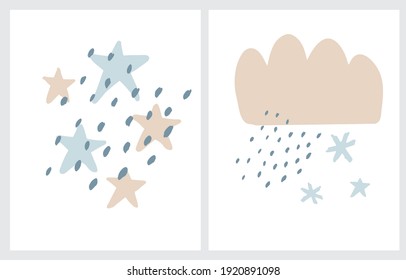 Cute Nursery Vector Illustrations with Hand Drawn Stars and Fluffy Cloud.Beige Rainy Cloud Isoalted od a White Background. Starry Night Sky. Funny Scandinavian Style Prints ideal for Kids Room Decor.