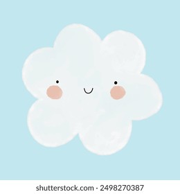 Ilustraciones vectoriales lindas del vivero con la nube esponjosa sonriente. Nube blanca sobre un fondo azul pastel. Dibujado a mano de dibujos animados de estilo kawaii ideal para el arte de la pared, póster. Decoración de la habitación de los niños.